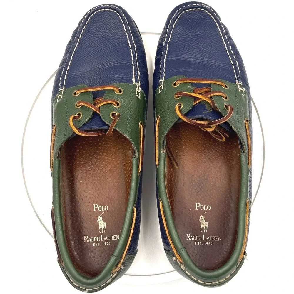 Polo Ralph Lauren Bienne II Mens 12D Boat Shoes Navy Green Leather Loafers 11503